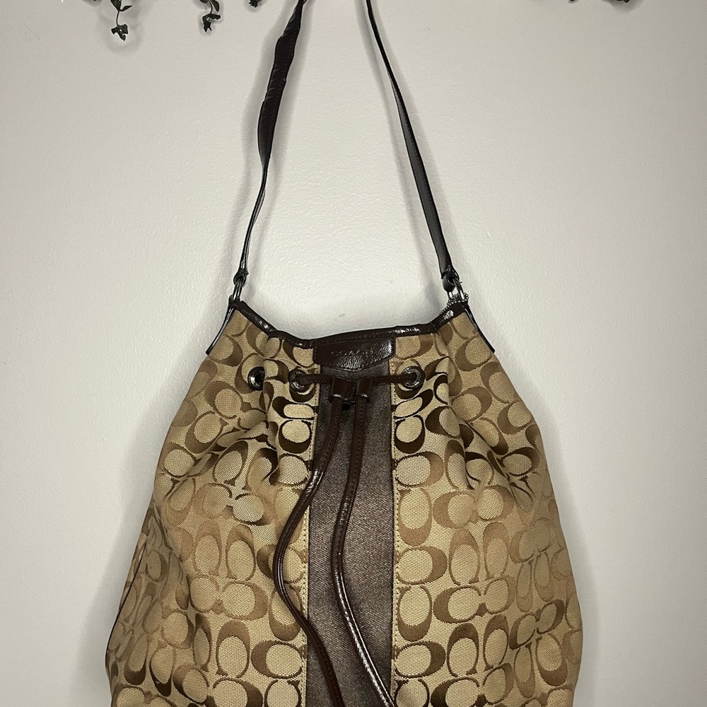 Coach Tan and Brown Signature Stripe Drawstring Bucket Shoulder Bag